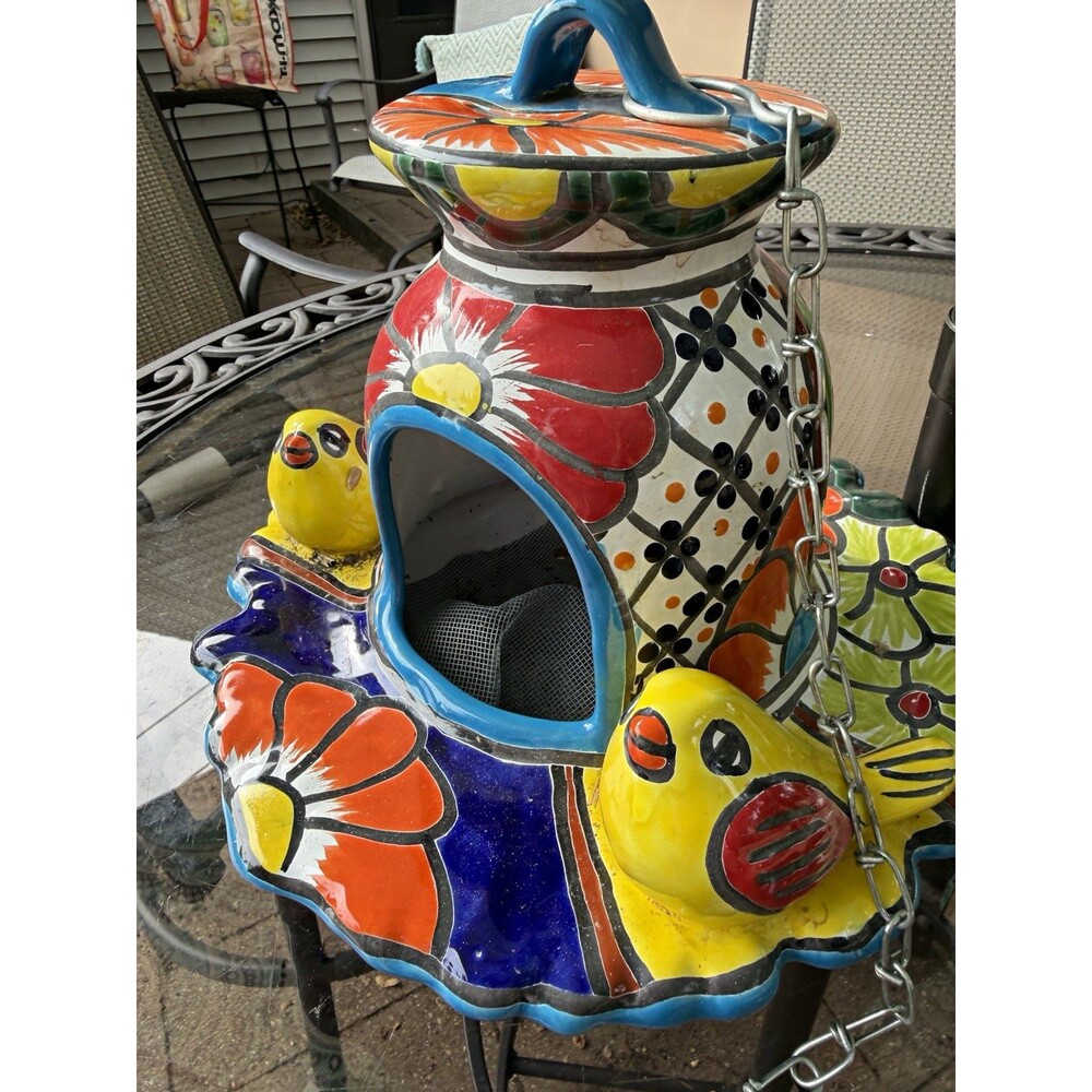 Hand-Painted Mexican Pottery Birdhouse w/ Chain, Lid, Yellow Birds Talavera